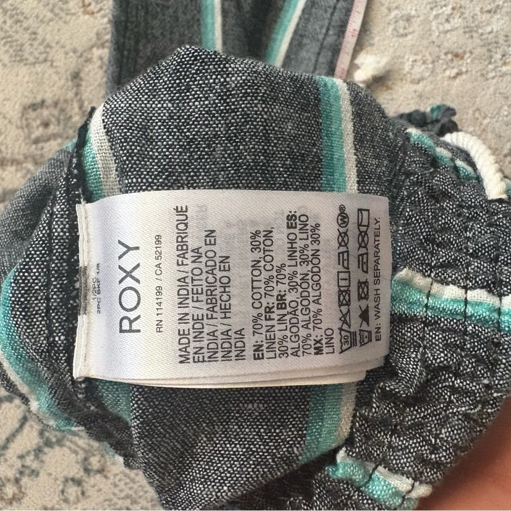 Roxy Oceanside Yarn Linen Cotton Blend Gray Striped Wide Leg Pants Medium - Picture 13 of 14